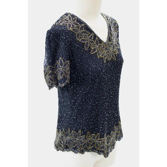 Stenay Beaded Silk Blouse Womens M Black Gold Cocktail Formal Party - Picture 6 of 12